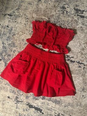Red Two-Piece Smocked Tube Top and Skirt Set